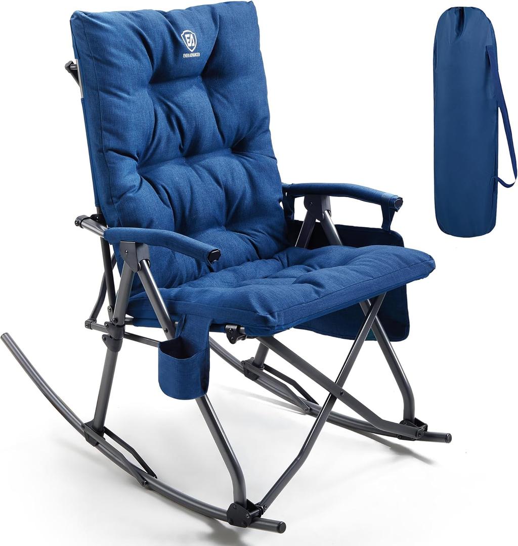 EVER ADVANCED Oversized Folding Rocking Camping Chair, Padded Portable Rocker Chair for Patio, Lawn and Outdoors, Heavy Duty Hard Armchair for Adults Supports 400lbs, Blue, 38.58 x 25 x 40.55 inches