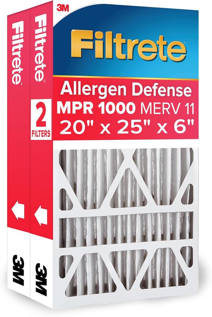 Filtrete 20x25x6 AC Furnace Air Filter, MERV 11, MPR 1000, Fits Space-Gard, Micro Allergen Defense, Electrostatic Air Cleaning Filter, 2-Pack (Actual Size 19.50x24.50x5.75 in)