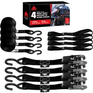 Ratchet Tie Down Straps Set,1500 lbs Break Strength, 1" x 15' Heavy Duty Ratchet Straps with 4X Soft Loops Padded Handles Coated S Hook, Fits for Moving Appliances Motorcycle ATV Truck,Black