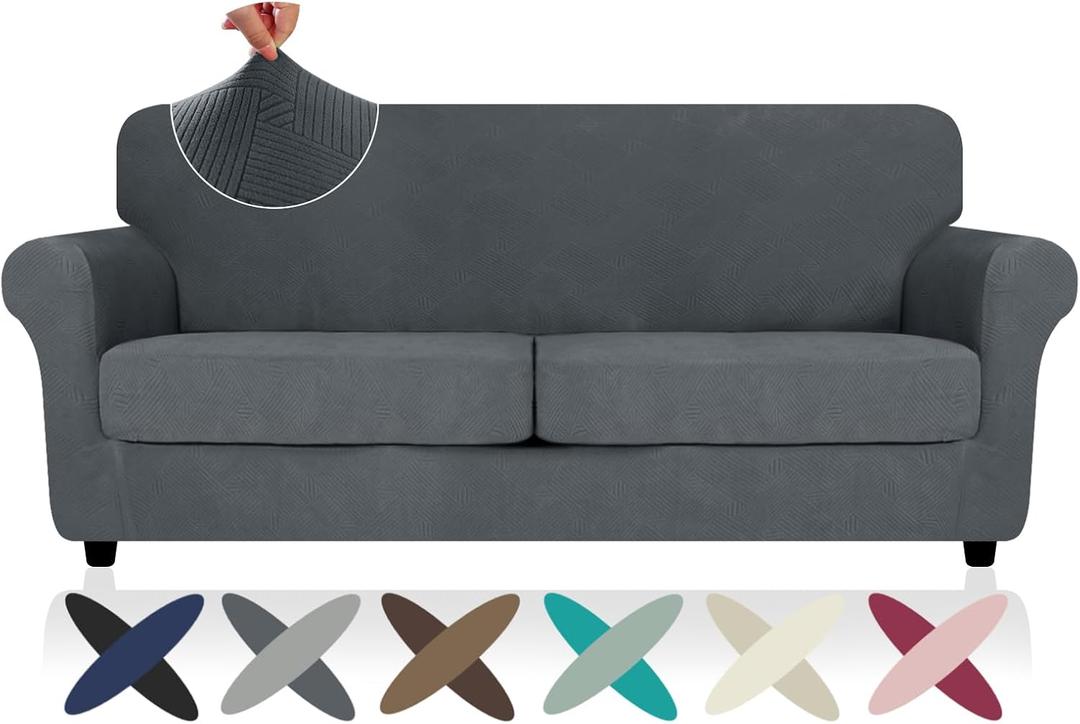 ZNSAYOTX 3 Piece Stretch Sofa Covers (71"-91") for 2 XL Cushion Couch, Thick Striped Sofa Cover with Elastic Band Bottom Ties Non-Slip Stay in Place, Soft Durable Couch Slipcovers, Dark Grey