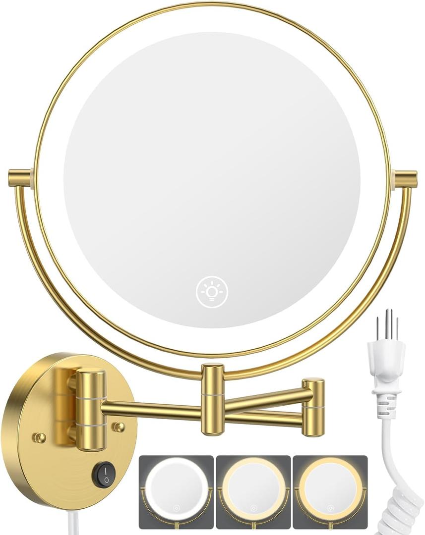 Benbilry 9" Large Wall Mounted Lighted Makeup Mirror, 1X/10X Magnifying 2-Sided AC Plug-in Powered Bathroom Mirror with 3 Color Lights, Touch Dimmable, Extended Arm 360 Rotation, Gold