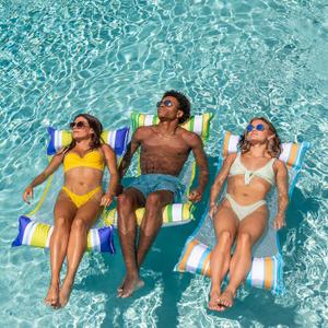 Sloosh 3 Pack Inflatable Pool Float Hammock, Water Lounges, Multi-Purpose Swimming Pool Accessories (Saddle, Lounge Chair, Hammock, Drifter), Lake, Outdoor, Beach (Dark Blue/Yellow/Orange)