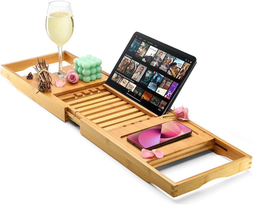 Luxury Foldable Bathtub Tray Caddy - Waterproof Wooden Bath Organizer for Book, Soap, Phone