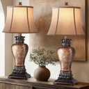 Hamucd 27" Set of 2 Tall Farmhouse Rustic Table Lamps for Living Room,3-Color Temperature Dimmable Western Bedroom Lamps for Night Stands Traditional Antique Decor (Brown)