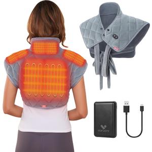 Vofuoti Heating Pad for Neck and Shoulders, Portable Cordless Heating Pad with Massager and Battery, Weighted Electric Heated Neck Shoulder Wrap, 16'' x 22'', 2.2lbs-Gray