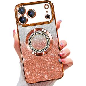 Misscase for iPhone 17 Pro Max Magnetic Glitter Case Compatible with MagSafe,Full Protection Slim Shockproof Anti-Scratch Case with Camera Lens Protector Plating Bling Dust-Proof Net Orange