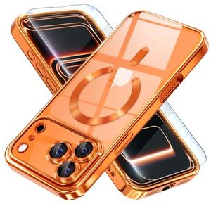 Misea Magnetic for iPhone 17 Pro Case Compatible with MagSafe [Never Yellowing] [Military Grade Drop Protection] Full Camera Lens Protector Plating Soft Clear Phone Case for Women, Cosmic Orange