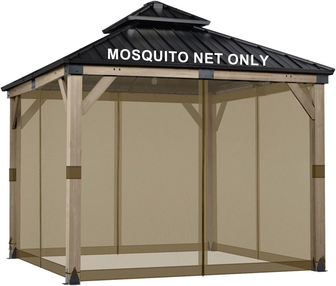 BPS 12' x 12' Gazebo Universal Mosquito Netting Screen Replacement, 4-Panel Mesh Screen Walls with Double Zippers for Outdoor Patio, Khaki (Mosquito Net Only) (Brown)