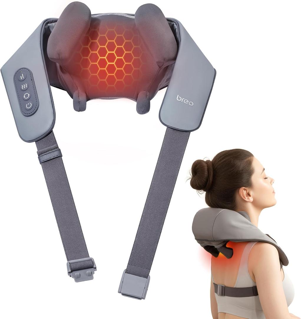 Breo N5 Mini Neck Massager with Heat, 5D Shiatsu Back Massager with Hands-Free, Electric Deep Kneading Massage for Neck Massager for Pain Relief deep Tissue, Portable for Office, Home & Travel-Grey