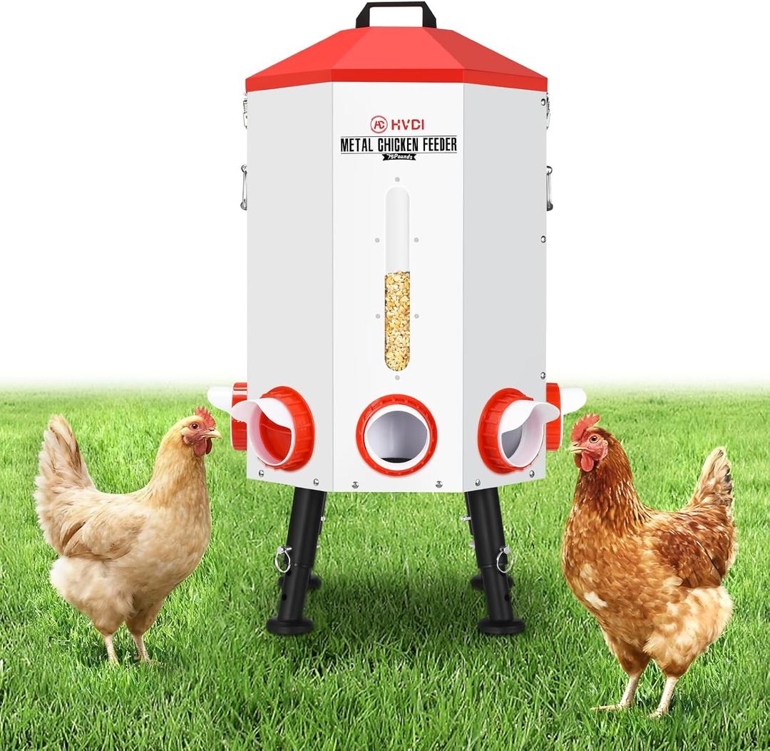 70lbs - 80lbs Large Automatic Chicken Feeder, Adjustable Stand, 8 Feeding Ports, Viewing Window, Sloped Roof Rain Protection Design
