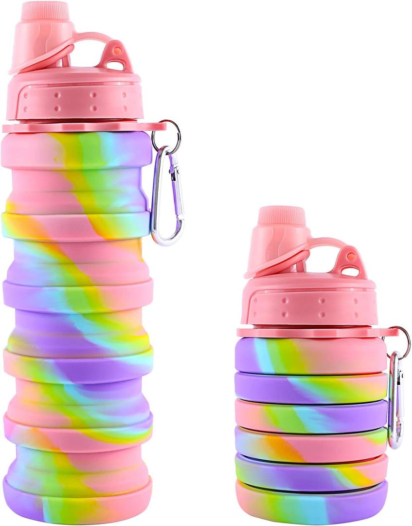 Collapsible Water Bottles for Travel, Foldable Sports Water Bottle for Kids, Reusable Water-proof Silicone Water Bottles with mountaineering Buckle for Camping Hiking Holiday (Pink)