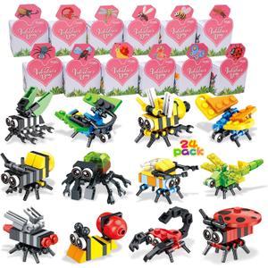 Valentines Day Gifts for Kids Classroom: 24 Packs Valentines Cards Gift Box with Insect Building Block Toy for Class Gifts Exchange, Classroom Prizes, School Party Favors, Boys Girls Ages 4+