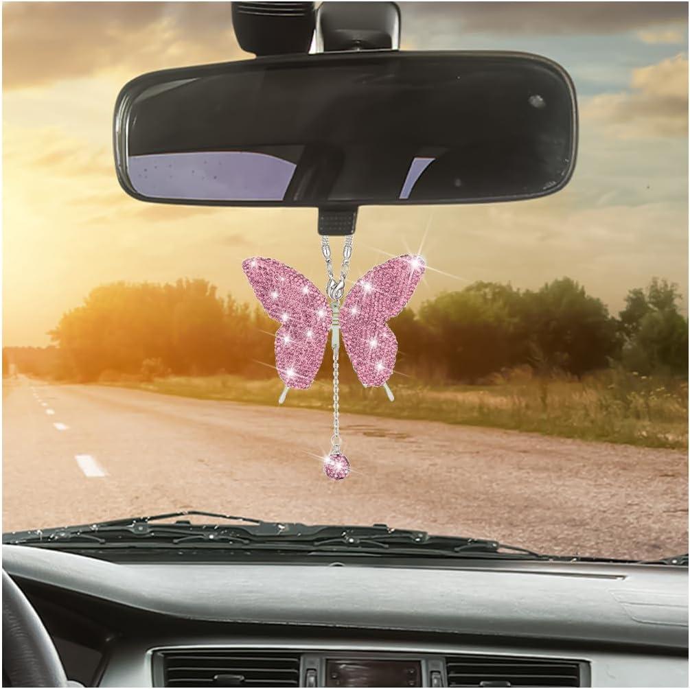 Bling Butterfly Car Accessories, Crystal Rhinestone Vehicle Rear View Mirror Charms, Lucky Diamond Auto Interior Hanging Ornament Pendant for Women Girls, Universal for Most Cars (Pink)