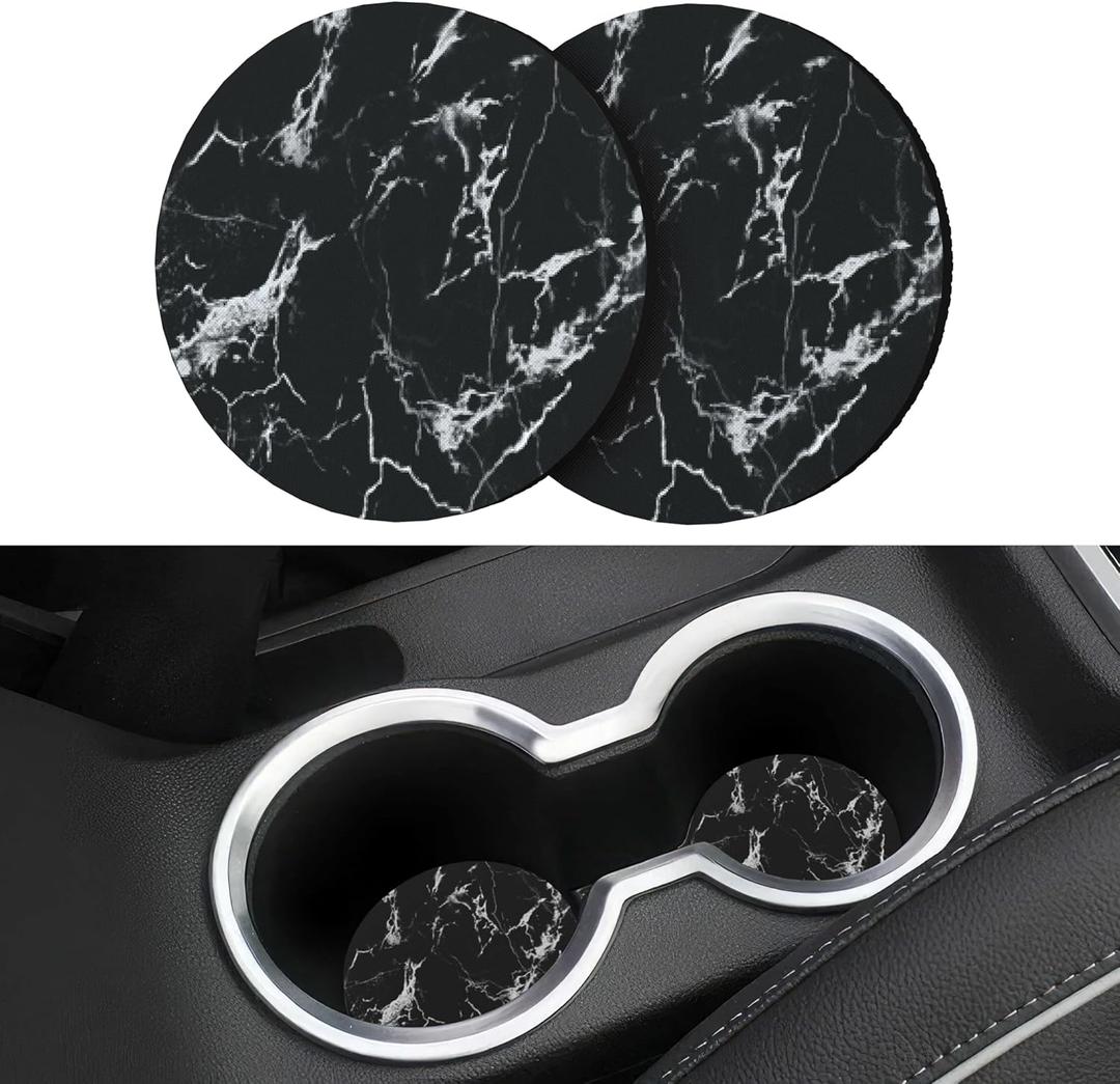 3 x Car Coasters for Drinks AbsorbentCute Car Accessories for Women and Lady2 Pack 2.95inch Car Cup Holder CoastersUniversal Non Slip Cup Holder Insert Coaster (Black Marble)