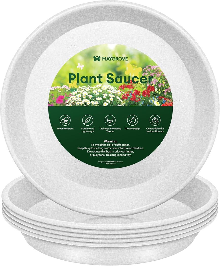 Maygrove 6 Pack Plant Saucer, 8 10 12 inch Plant Saucers for indoor, Heavy Duty Plastic Plant trays for pots, Grow Bags, Bird Baths, Flower Drip Trays for Indoor and Outdoor Uses (10", White)