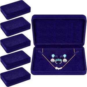 6 Pcs Large Jewelry Set - Necklace, Ring, Earring, Pendant Gift Box - Flannelette Jewelry Case for Traveling (Navy Blue)