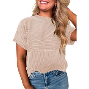 EVALESS Short Sleeve Shirts for Women Casual Spring Summer Tops Ribbed Knit Striped Womens Tops Crewneck Loose Fit T Shirts (Beige, XL)
