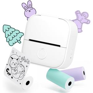 Memoqueen Mini Sticker Printer with 3 Rolls Paper T02 Mini Portable Thermal Printer, Thermanote Sticker Maker Machine for Notes, Gift, Journal, DIY, for Kids, Compatible with Phone & Tablet, White