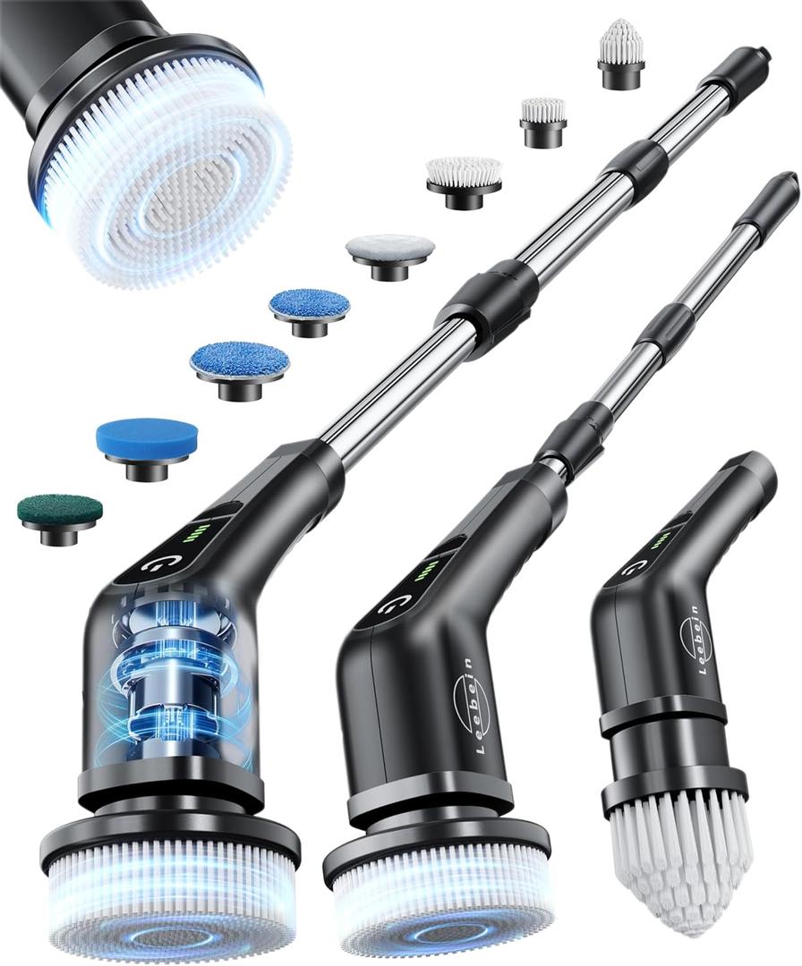 Leebein Electric Spin Scrubber, Cordless Cleaning Brush with 8 Replaceable Brush Heads, Tub and Floor Tile Power Scrubber Dual Speed with Adjustable & Detachable Handle for Bathroom Tub (All Black)