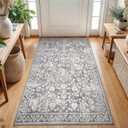 Vintage 3x5 Washable Rug for Entryway, Gray Ivory Super Soft Rug Non-Slip, Printed Faux Wool Floral 3x5 Area Rug Thin Floor Carpet for Kitchen, Bedroom, Office, Living Room