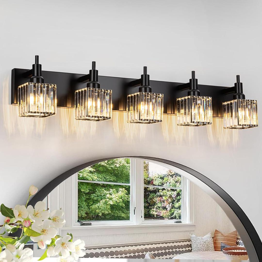 Black Crystal Bathroom Vanity Light 5-Light Modern Bathroom Lighting Fixtures Over Mirror Wall Light Fixtures