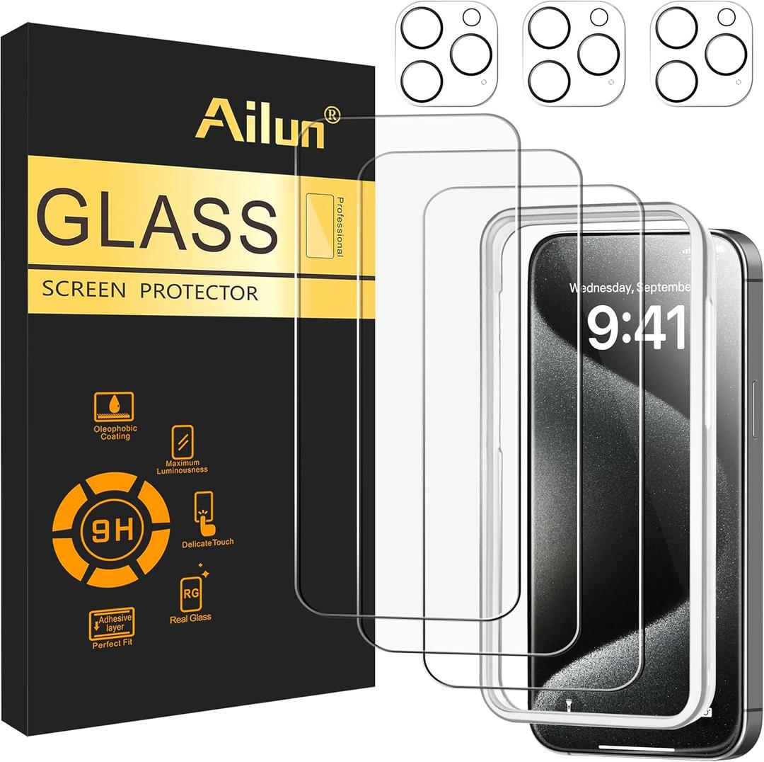 Ailun 3 Pack Screen Protector for iPhone 15 Pro Max [6.7 inch] + 3 Pack Camera Lens Protector with Installation Frame, Sensor Protection, Dynamic Island Compatible, Case Friendly Tempered Glass Film