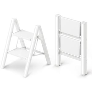 2 Step Ladder, Folding Step Stool with Wider Pedal, Anti-Slip Feet & Non Slip Stripes, Aluminum Sturdy Material, 300Lbs Capacity, Elegant Look of Modern White Better Matches Your Home
