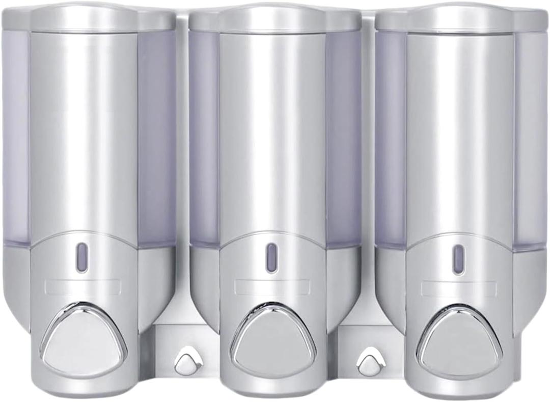 No-Tool 3-Bottle Shower Dispenser - Adhesive Wall Mount Soap & Shampoo Organizer with Leakproof Pumps - Space Saving Bathroom Storage (16oz) -Silver