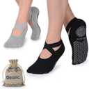 Yoga Socks for Women Non-Slip Grips & Straps, Ideal for Pilates, Pure Barre, Ballet, Dance, Barefoot Workout (2 Pairs- Black/ Gray, one_size)