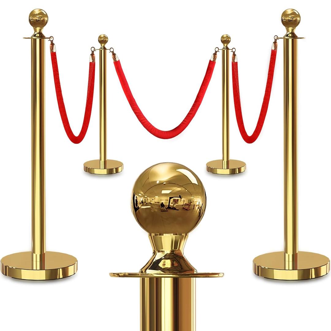 4PCS Gold Stanchions Posts with 3PCS 5 ft Red Velvet Rope, Red Velvet Rope Stanchion Set Crowd Control Barriers, Stanchions and Velvet Ropes Red Carpet Poles for Party Supplies
