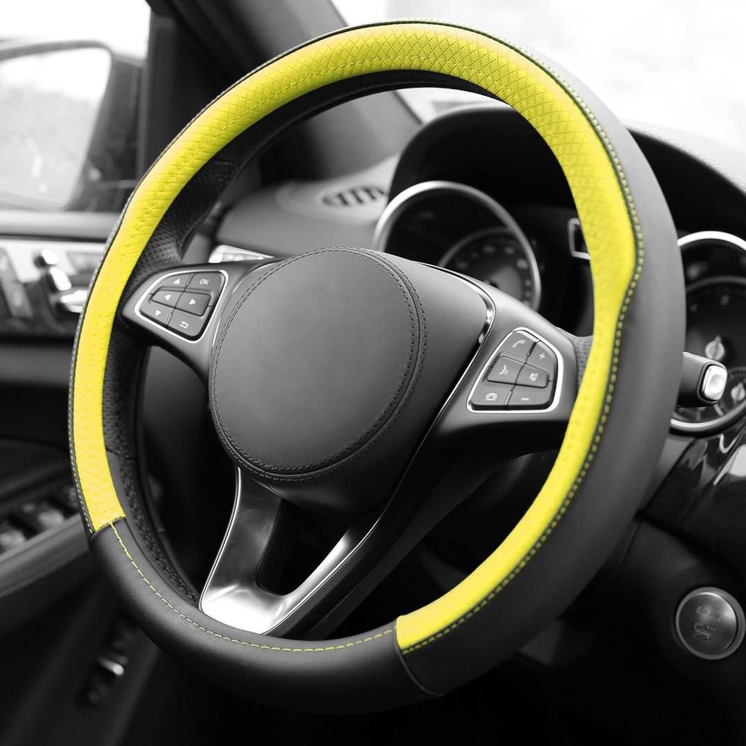 FH Group Geometric Chic Microfiber Leather Steering Wheel Cover – Universal Fit for Cars & SUVs Yellow