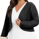 Lastshe Women's Plus Size Shrug Open Front Long Sleeve Cropped Openwork Cover Ups Bolero Dressy Cardigans for Dresses (Black, XXXL)