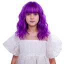 Girls Dark Purple Wig Short Grap Purple Wavy Curly Wig for Kids Child Wigs with Air Bangs Heat Resistant Synthetic Wigs with Cap
