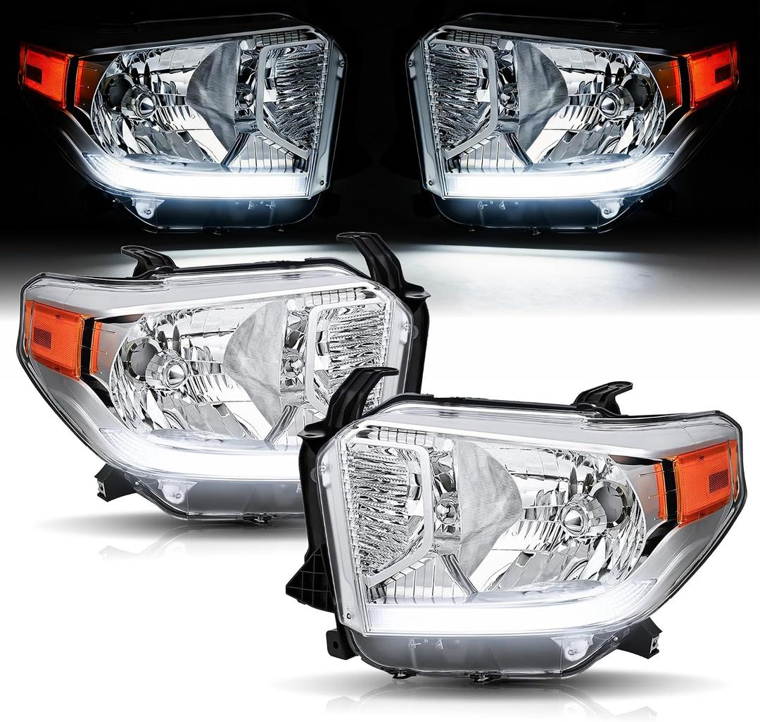 Headlights Assembly for 2016-2021 Toyota Tundra w/LED DRL w/Level Adjuster
Replacement Headlamp Driver Passenger Side, Chrome Housing Amber Reflector