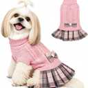 YUDODO Small Dog Sweater Dress with Bowtie Turtleneck - Knitted Pet Girl Dog Winter Clothes - Pet Warm Sweater for Puppy Yorkies, Chihuahua (L Pink)