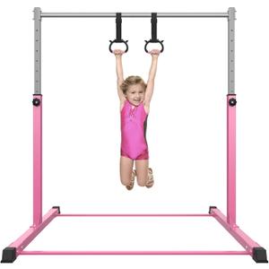 Safly Fun Gymnastics Bar for Kids Ages 3-15 for Home - Steady Steel Construction, Anti-Slip, Easy to Assemble, 3' to 5' Adjustable Height (Pink)