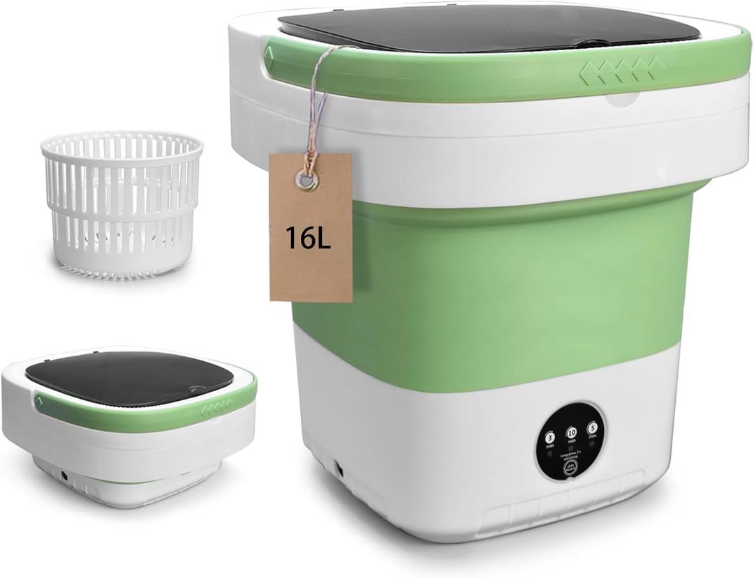 Portable Washing Machine, 16L Upgraded with Spin Basket Laundry Machine, 3 Modes Deep Cleaning, Upgraded Small Collapsible Laundry for Hotel, Apartment, Home and Travel - Green