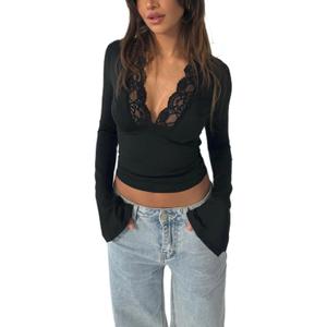 Women Lace Long Sleeve Going Out Tops Y2k Low Cut V Neck Slim Fitted Bell Sleeve Shirt (Small, Black)