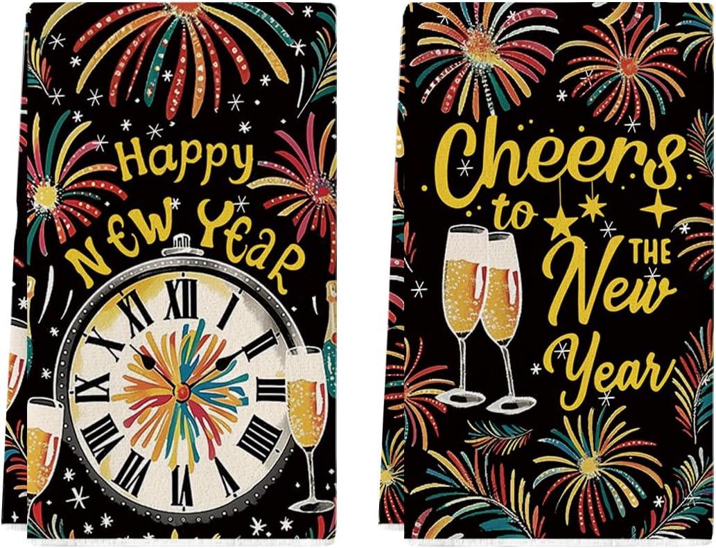Artoid Mode Black Clock Fireworks Champagne Happy New Year Kitchen Towels Dish Towels, 18x26 Inch Farmhouse Holiday Decoration Cleaning Set Of 2