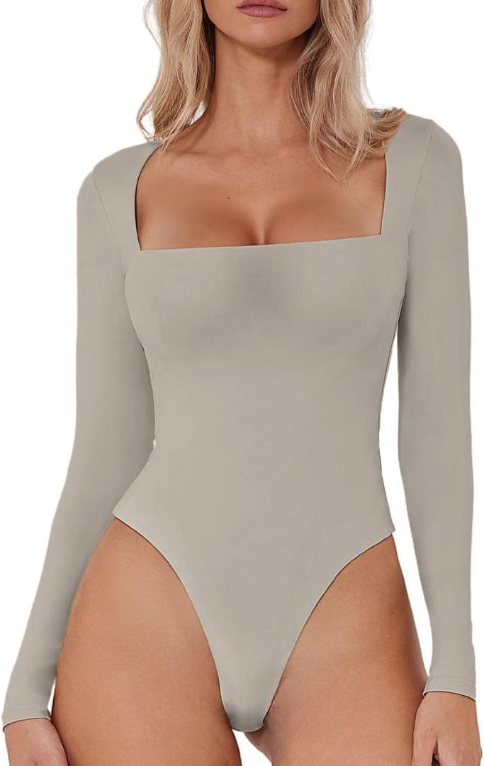 QINSEN Women's Sexy Square Neck Bodysuit Long Sleeve Double Lined Shirt Tops (Medium, Quiet Gray)
