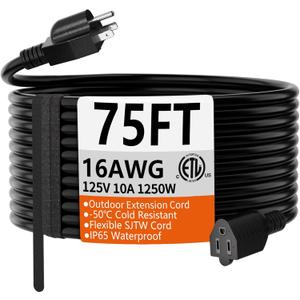 HUANCHAIN 75 FT 16 Gauge Black Indoor Outdoor Extension Cord Waterproof, Flexible Cold Weather 3 Prong Electric Cord Outside, 10A 1250W 125V 16AWG SJTW, ETL Listed