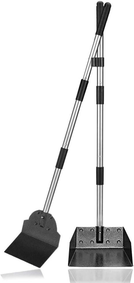 Dog Pooper Scooper,Tray and Spade Set Poop Scooper for Dogs, Adjustable Long Handle Metal Pooper Scooper with Bin for Pet Waste Removal, No Bending Clean Up for Medium and Large Dogs (Black)