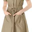 Allegra K Women's Button Down Shirt Dress Short Sleeve Casual Collared Cotton Drawstring Shirtdress Safari Dress X-Small