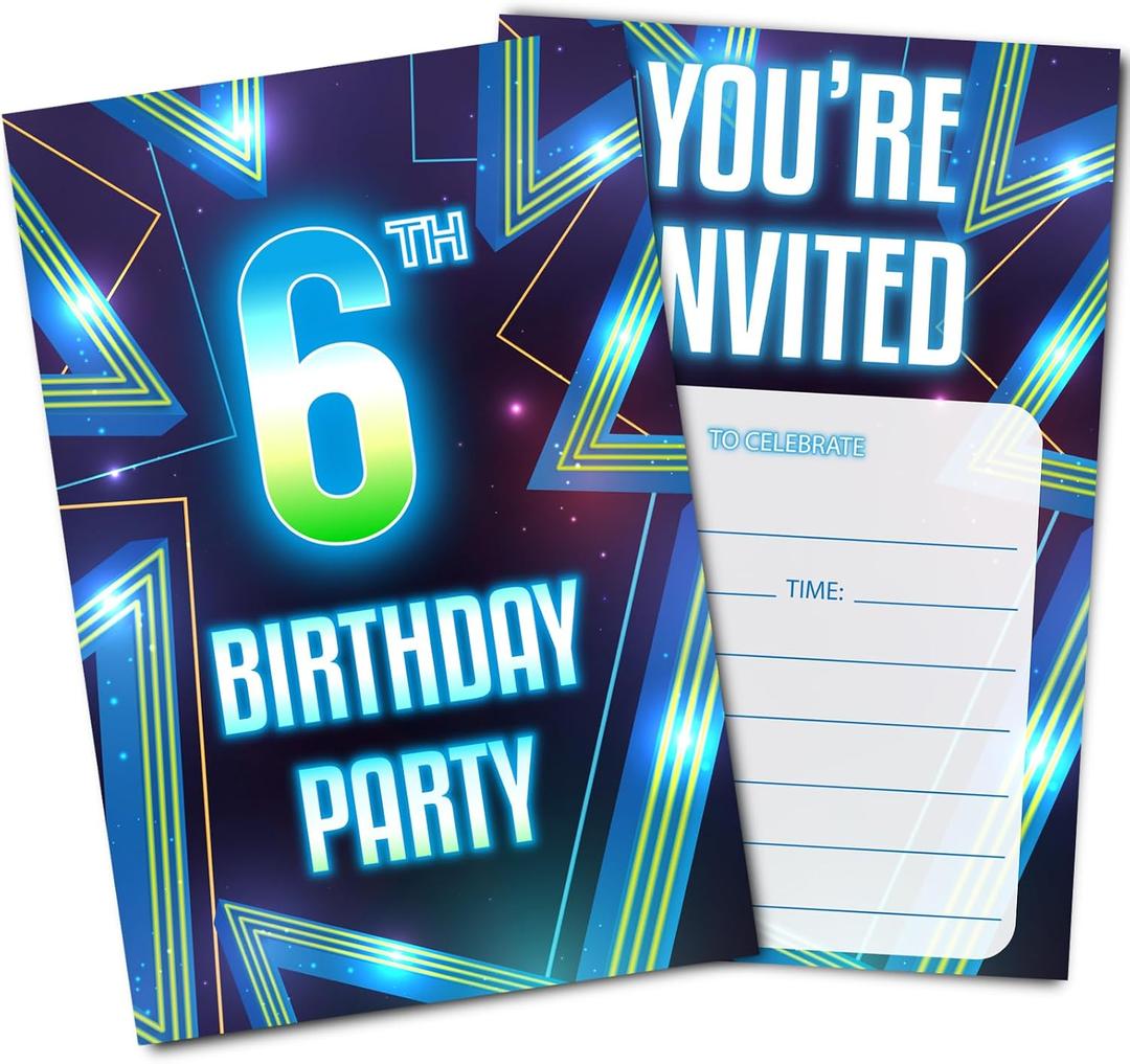 Neon 6th Birthday Party Invitations, Blue Invitation Cards with Envelopes (30PACK), Sixth Birthday Supplies Fill-in Invites for Boys, Girls, Kids