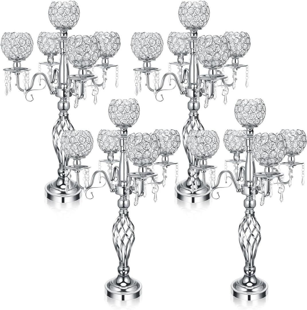 Nitial 5 Arm Crystal Candelabra Centerpieces for Tables 27 Inch Tall Crystal Candle Holders Bowl Candelabra Table Centerpieces Decor for Wedding Christmas Dinner Party Events (Silver,4 Pcs)