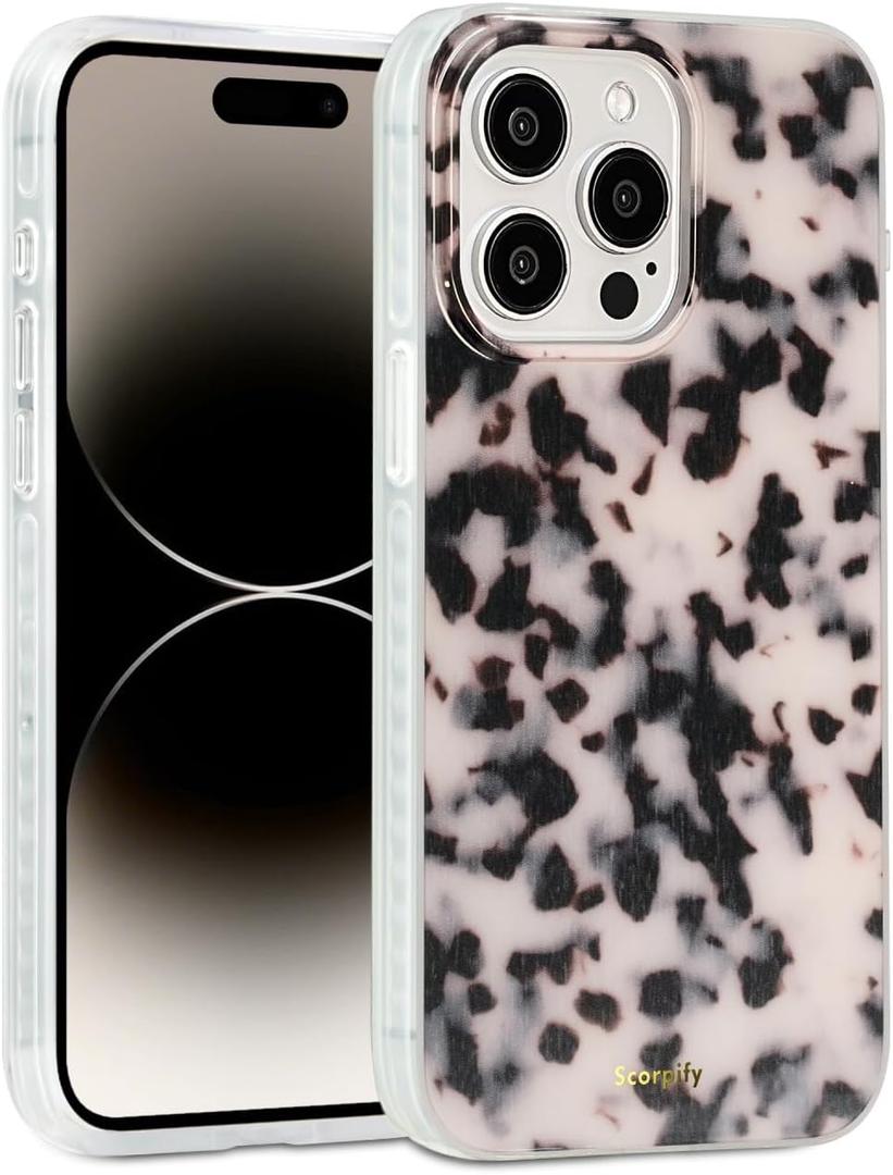 SCORPIFY for iPhone 15 Pro Case [Compatible with MagSafe] with Pink Tortoise Shell Design, Cute Brown Magnetic Phone Cover for Women Girls, Slim Shockproof Bumper with Stylish Pattern