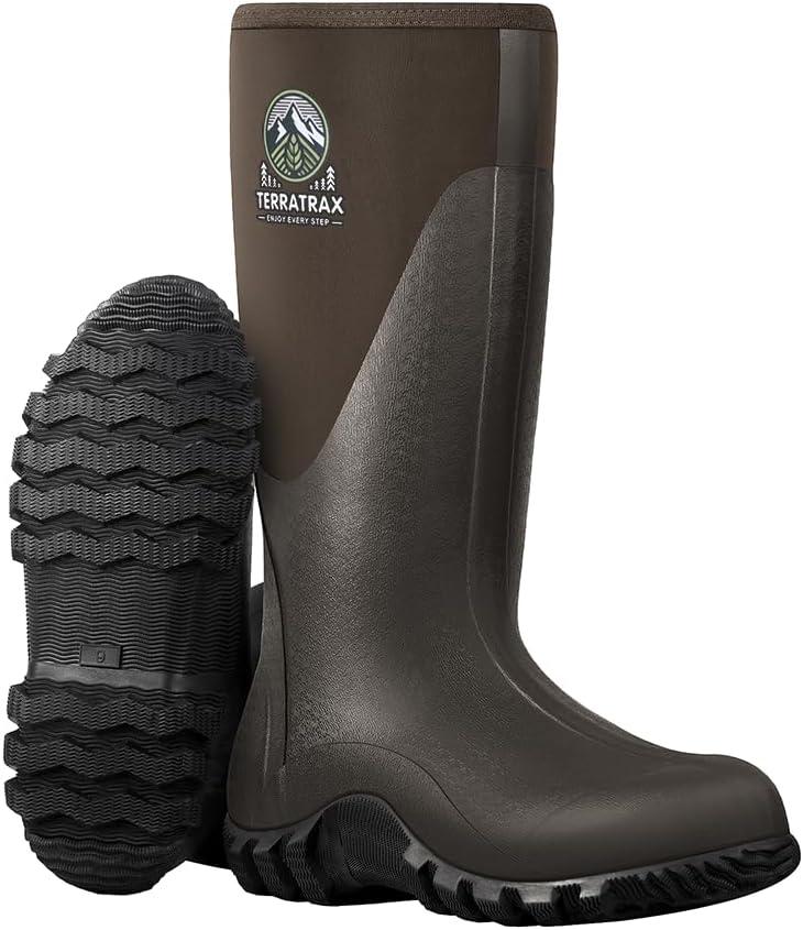 Men's Waterproof Rubber Muck Rain and Work Boot  Durable 6mm Neoprene Insulated, Ideal for Fishing Hunting & Farming (11, Brown)