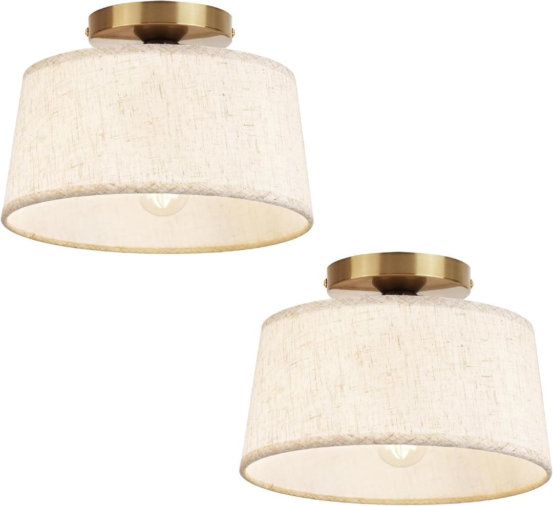 2P Modern Ceiling Light Fixture, 10 Inch Semi Flush Mount Lamp with Linen Shade, E26 Base, Gold for Kitchen Bedroom Hallway Closet Entryway Room Small Spaces, 2 Pack