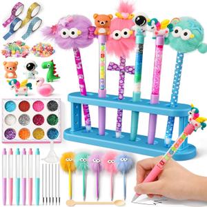 SNLN 50+ Accessories DIY Pen Making Kit, Pen Creator Studio, Making 12 Plush & Sparkly Pens, Creative Arts and Crafts for Kids Ages 5 6 7 8 Birthday Gifts for Kids Tweens Girls 9 10 11 12 Years