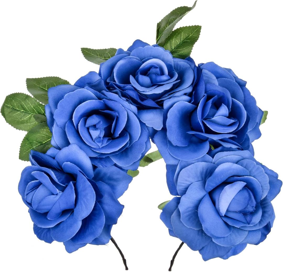 June Bloomy Day of the Dead Headpiece Halloween Costume Headpiece Mexican Floral Crown Rose Headband (Leaf Blue)